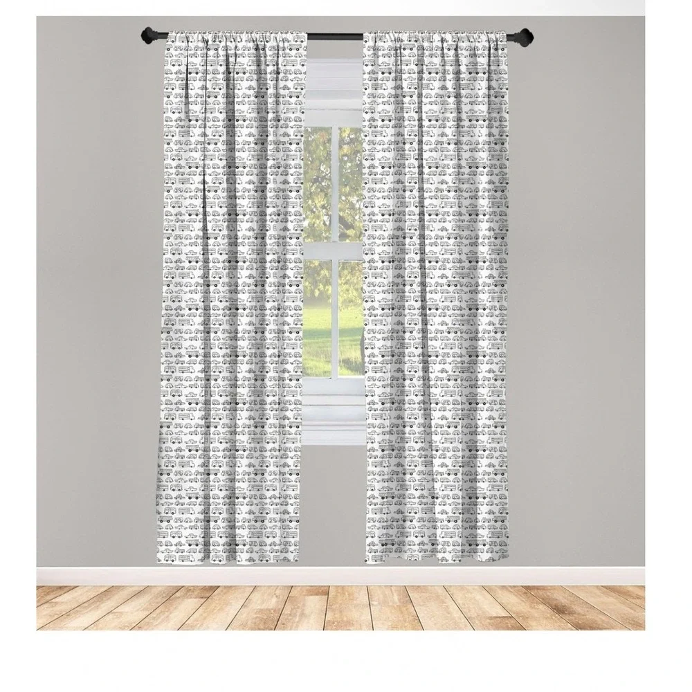 Lunarable Sketch Curtains 2 Panel Set Cartoon Vehicles Cars Trucks 28x95 White